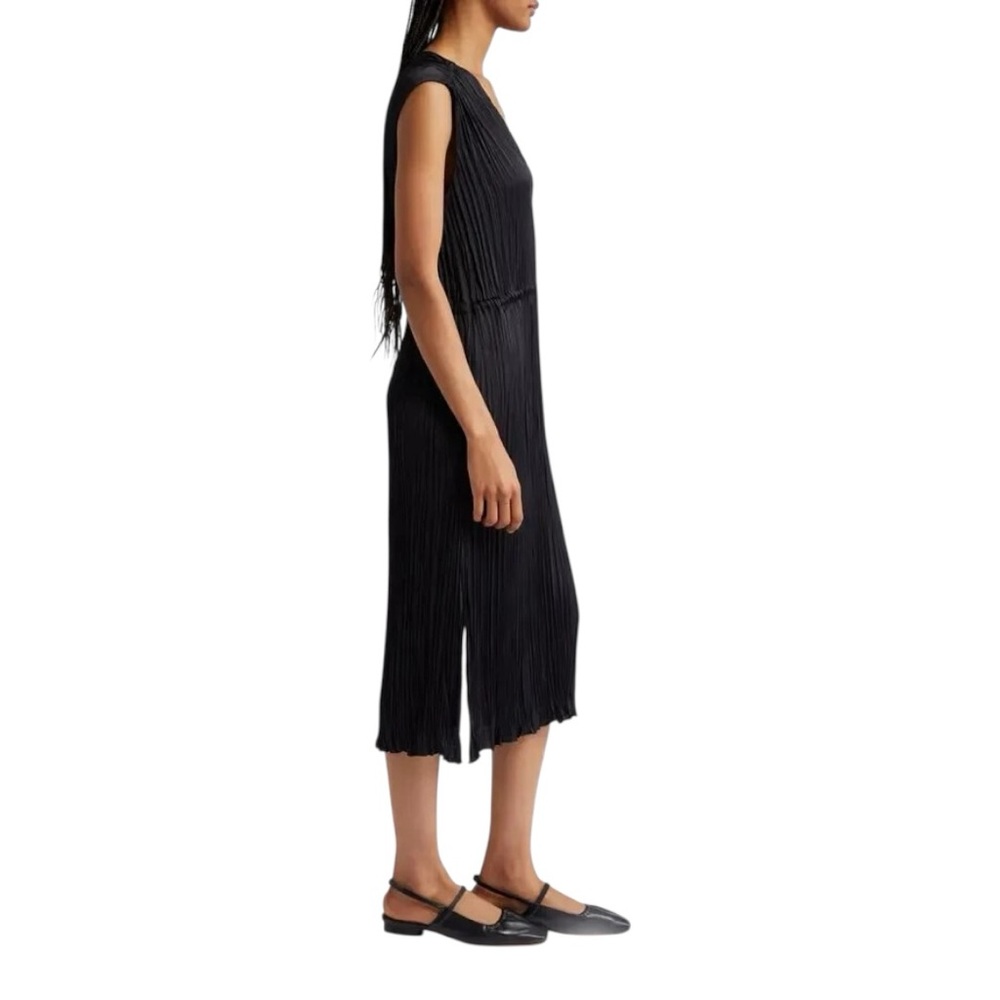 Vince Pleated V-Neck Drawstring Midi Dress Black  Minimalist Sleeveless - Picture 2 of 7